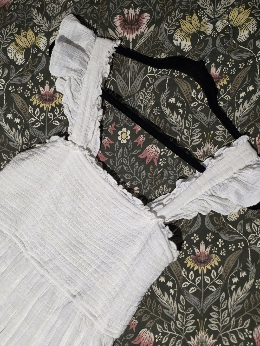 100% Cotton Lined White Ruffled Sundress With Crochet Accent